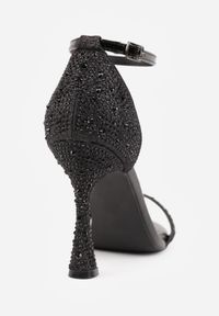 Born2be - Czarne Sandały na Geometrycznej Szpilce Ozdobione Cyrkoniami i Brokatem Aolenia. Okazja: na wesele, na imprezę, na ślub cywilny. Zapięcie: sprzączka. Kolor: czarny. Materiał: satyna. Wzór: geometria, aplikacja. Styl: klasyczny #8