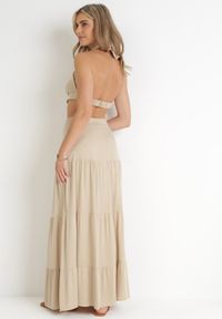 Born2be - Beżowa Rozkloszowana Sukienka z Wycięciami i Wiązaniem Abisal. Kolor: beżowy #2