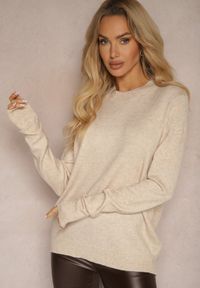 Renee - Beżowy Sweter o Klasycznym Kroju z Wełną Mairissa. Okazja: na co dzień, na spotkanie biznesowe, na spacer. Kolor: beżowy. Materiał: wełna. Styl: klasyczny #4