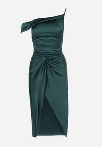 Born2be - Zielona Sukienka Asymetryczna z Satyny Zdobiona Supełkiem Fano. Kolor: zielony. Materiał: satyna. Długość rękawa: na ramiączkach. Wzór: aplikacja. Typ sukienki: asymetryczne