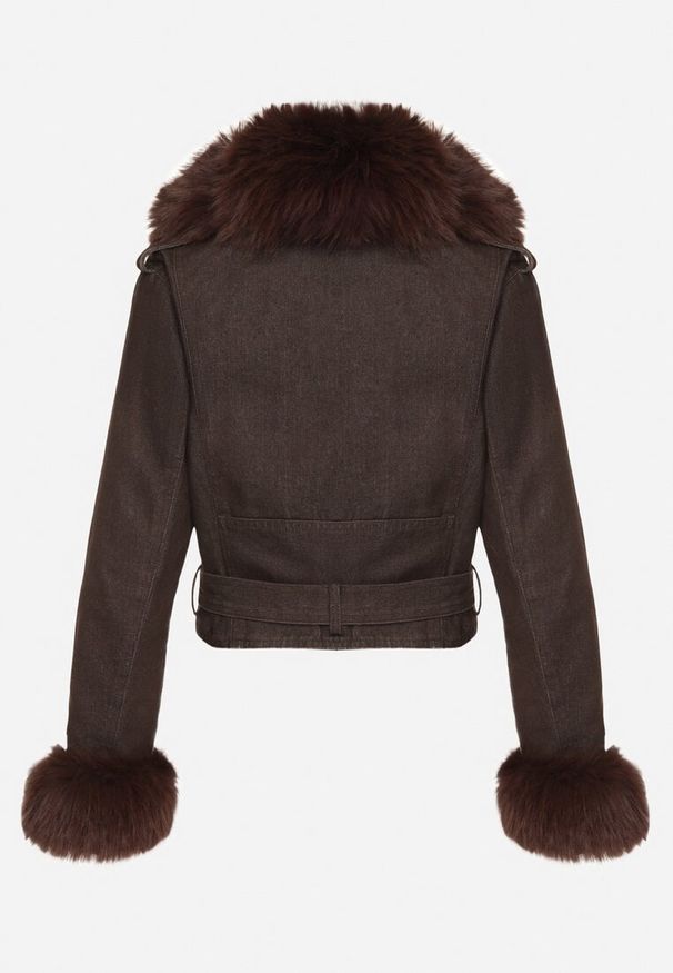 Born2be - Brązowa Ocieplana Kurtka Ramoneska z Futrem przy Kołnierzu i Rękawach Mevesala. Kolor: brązowy. Materiał: futro. Długość: krótkie