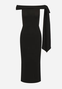 Born2be - Czarna Koktajlowa Taliowana Sukienka Ozdobiona Kokardą Emallle. Typ kołnierza: kokarda. Kolor: czarny. Wzór: aplikacja. Typ sukienki: dopasowane. Styl: wizytowy #5