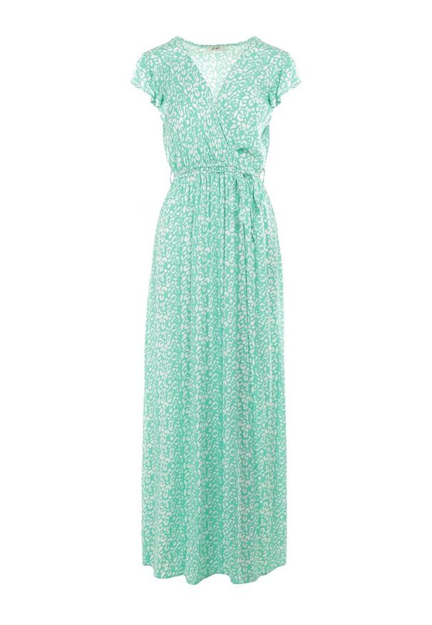 Born2be - Zielona Sukienka z Wiskozy Kephestra. Okazja: na co dzień. Typ kołnierza: dekolt w kształcie V. Kolor: zielony. Wzór: aplikacja. Typ sukienki: proste, kopertowe. Materiał: wiskoza. Długość rękawa: krótki rękaw. Styl: casual, wizytowy. Długość: maxi