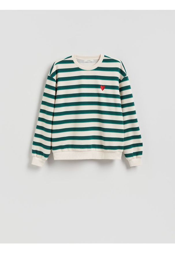 Reserved - Bluza z drobnym haftem - ciemnozielony. Kolor: zielony. Materiał: bawełna, dzianina. Wzór: haft