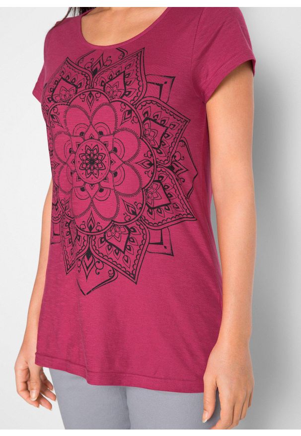 bonprix - Shirt z przędzy mieszankowej, krótki rękaw. Kolor: różowy. Długość rękawa: krótki rękaw. Długość: krótkie. Wzór: nadruk