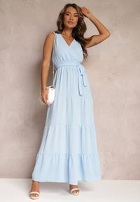 Renee - Niebieska Kopertowa Sukienka Maxi z Gumką w Talii i Materiałowym Paskiem Leansa. Typ kołnierza: dekolt kopertowy. Kolor: niebieski. Materiał: materiał. Sezon: wiosna, lato. Typ sukienki: kopertowe. Długość: maxi #2