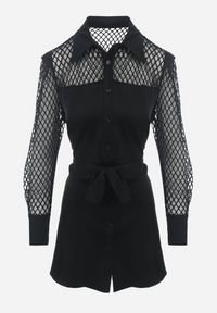 Born2be - Czarna Koszulowa Mini Sukienka z Materiałowym Paskiem i Siateczką w Górnej Części Gudris. Kolor: czarny. Materiał: materiał. Typ sukienki: koszulowe. Długość: mini #5
