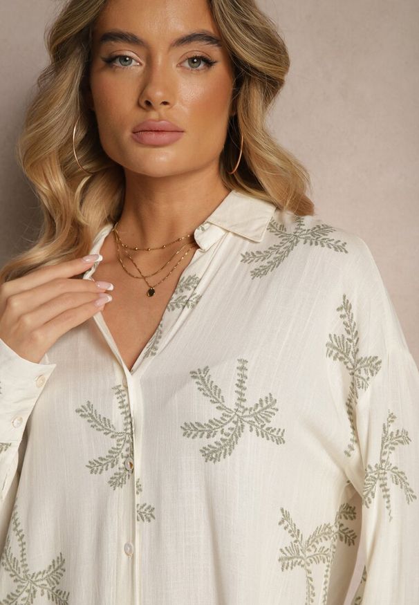 Renee - Biała Koszula z Wiskozy z Lnem w Liściasty Wzór Tatheia. Okazja: na co dzień. Kolor: biały. Materiał: len, wiskoza. Styl: casual
