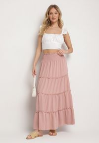 Born2be - Różowa Spódnica o Rozkloszowanym Kroju z Falbankami i Gumką w Talii Dovinala. Okazja: na co dzień. Kolor: różowy. Styl: klasyczny, elegancki, casual #7