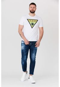 Guess - GUESS Biały t-shirt męski z logo z palmą, Rozmiar XL. Kolor: biały. Wzór: nadruk #5