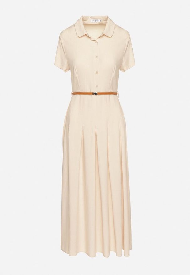 Born2be - Beżowa Wiskozowa Sukienka o Koszulowym Fasonie z Wąskim Paskiem Fillamea. Kolor: beżowy. Materiał: wiskoza. Wzór: aplikacja. Typ sukienki: koszulowe. Styl: elegancki