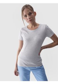 4f - 4F T-shirt slim gładki damski - szary XS. Okazja: na co dzień. Kolor: szary. Materiał: dzianina, bawełna, jersey, materiał, elastan. Długość rękawa: krótki rękaw. Długość: krótkie. Wzór: gładki. Styl: sportowy, casual