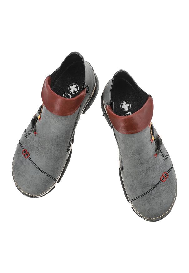 Botki damskie Rieker, antistress gruba podeszwa ozdobna cholewka ocieplane i na suwak, niebieskie, 45983-14. Okazja: na co dzień. Zapięcie: sznurówki. Kolor: szary. Materiał: syntetyk, materiał. Szerokość cholewki: normalna. Wzór: kolorowy. Styl: casual