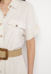 Born2be - Beżowa Koszulowa Sukienka z Lnu i Wiskozy z Elastycznym Paskiem z Klamrą Elanithea. Okazja: na co dzień. Typ kołnierza: kołnierzyk klasyczny. Kolor: beżowy. Materiał: len, wiskoza. Długość rękawa: krótki rękaw. Typ sukienki: koszulowe. Styl: klasyczny, casual, elegancki #6