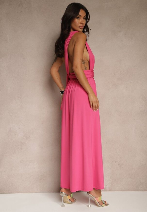 Renee - Fuksjowa Sukienka Koktajlowa Multiway z Wiskozą Wiązana na Szyi Lilovea. Okazja: na imprezę. Typ kołnierza: dekolt w kształcie V. Kolor: różowy. Materiał: wiskoza. Typ sukienki: rozkloszowane. Styl: wizytowy