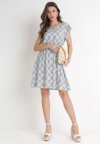 Born2be - Zielono-Fioletowa Bawełniana Sukienka Mini z Gumką w Talii Caara. Kolor: zielony. Materiał: bawełna. Długość: mini #3