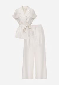 Renee - Biały Wiskozowy Komplet z Lnem Spodnie Wide Leg i Bluzka o Kroju Marynarki Daprise. Kolor: biały. Materiał: wiskoza, len #2