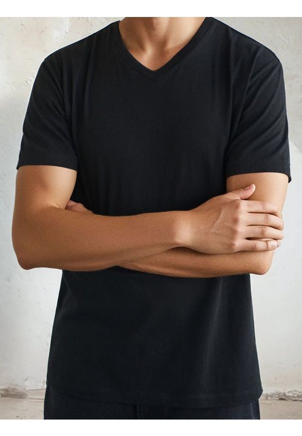 Sinsay - Koszulka basic z dekoltem w serek - czarny. Typ kołnierza: dekolt w serek. Kolor: czarny