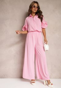 Renee - Różowy Komplet Szerokie Spodnie i Koszula z Falbanami Rivathins. Kolor: różowy #3