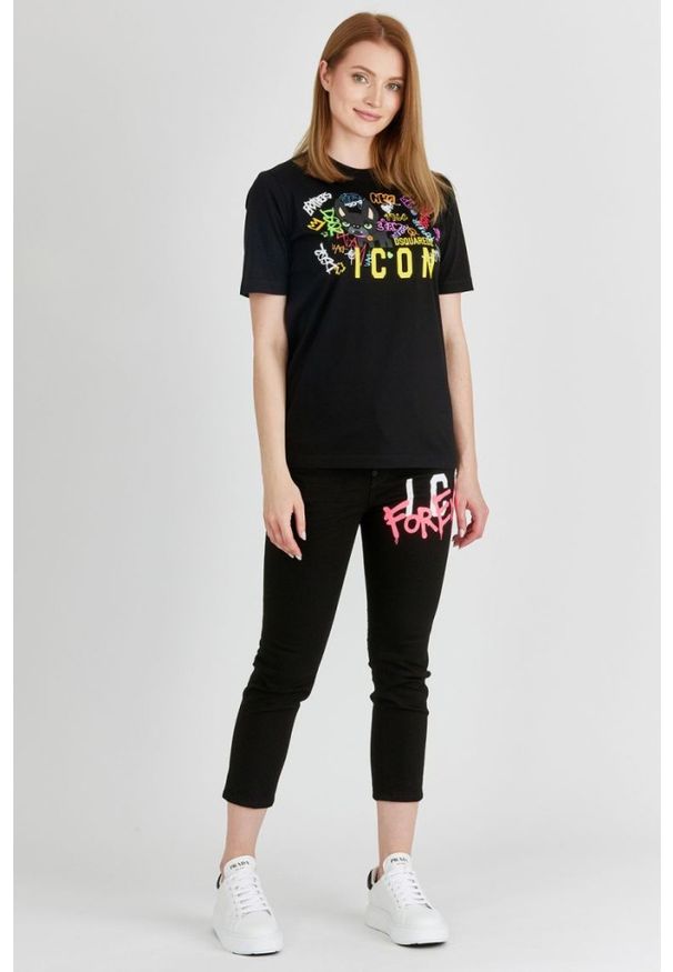 DSQUARED2 Czarny t-shirt damski z graffiti, Rozmiar S. Kolor: czarny. Materiał: prążkowany, bawełna. Wzór: kolorowy, nadruk