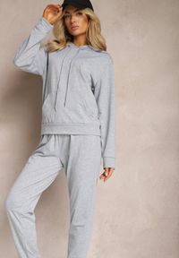 Renee - Szary Klasyczny Komplet Dresowy z Bluzą Kangurką i Spodniami Typu Jogger Salevia. Kolor: szary. Materiał: dresówka