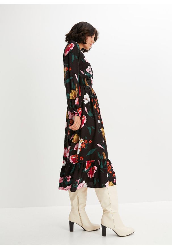 bonprix - Sukienka midi z lejącej wiskozy. Kolor: czarny. Materiał: wiskoza. Wzór: nadruk. Długość: midi
