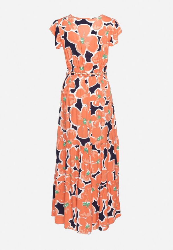 Born2be - Pomarańczowa Wiskozowa Sukienka w Kwiaty z Gumką w Pasie z Ozdobnym Paskiem Vikellie. Okazja: na co dzień. Typ kołnierza: dekolt w kształcie V. Kolor: pomarańczowy. Materiał: wiskoza. Długość rękawa: krótki rękaw. Wzór: kwiaty. Typ sukienki: proste. Styl: casual