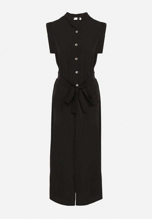 Born2be - Czarna Sukienka Koszulowa o Rozkloszowanym Kroju z Wiązaniem w Pasie Mavirielle. Okazja: na co dzień. Typ kołnierza: dekolt w serek. Kolor: czarny. Materiał: skóra. Długość rękawa: długi rękaw. Typ sukienki: koszulowe. Styl: casual, elegancki