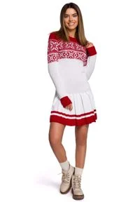 MOE - Biała Świąteczna Sukienka Swetrowa z Obniżoną Talią. Kolor: biały. Materiał: akryl. Styl: wizytowy #1