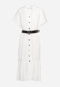 Born2be - Biała Koszulowa Sukienka z Krótkim Rękawem Zapinana na Guziki z Paskiem z Ekoskóry Xantantia. Typ kołnierza: dekolt w kształcie V. Kolor: biały. Długość rękawa: krótki rękaw. Wzór: aplikacja. Typ sukienki: koszulowe #7