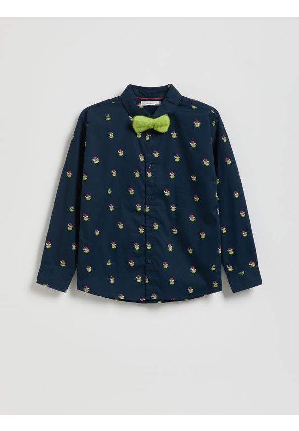 Reserved - Świąteczna koszula Grinch - granatowy. Kolor: niebieski. Materiał: tkanina, bawełna. Styl: wizytowy