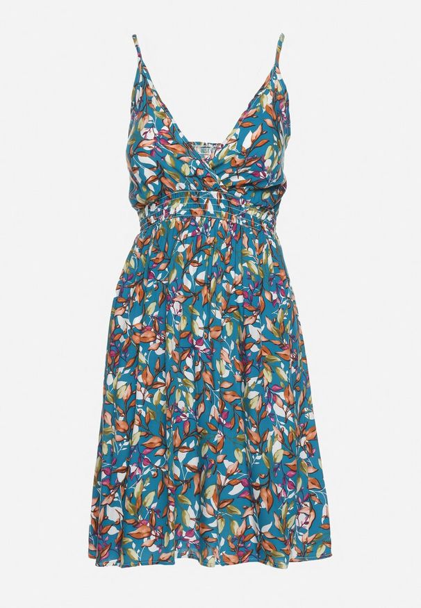 Born2be - Zielona Bawełniana Sukienka na Regulowanych Ramiączkach z Gumką w Talii Dimitssa. Okazja: na spacer, na imprezę. Typ kołnierza: dekolt w kształcie V. Kolor: zielony. Materiał: bawełna. Długość rękawa: na ramiączkach. Sezon: lato. Styl: elegancki