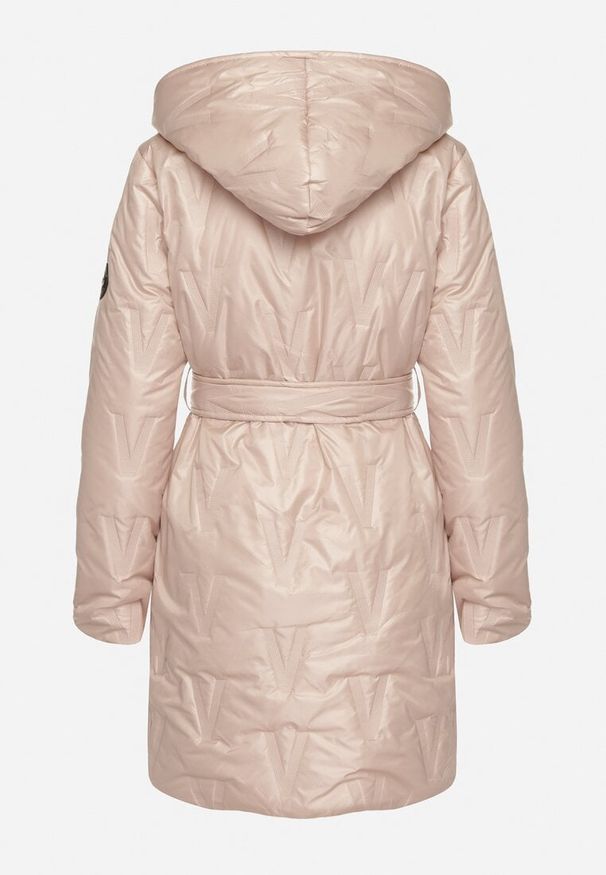 Born2be - Złoto-Różowa Kurtka z Pikowanymi Przeszyciami Kapturem i Wiązanym Paskiem Erlexie. Okazja: na spotkanie biznesowe, na co dzień, do pracy, na spacer. Kolor: złoty. Materiał: dzianina, jeans. Styl: biznesowy, klasyczny, casual