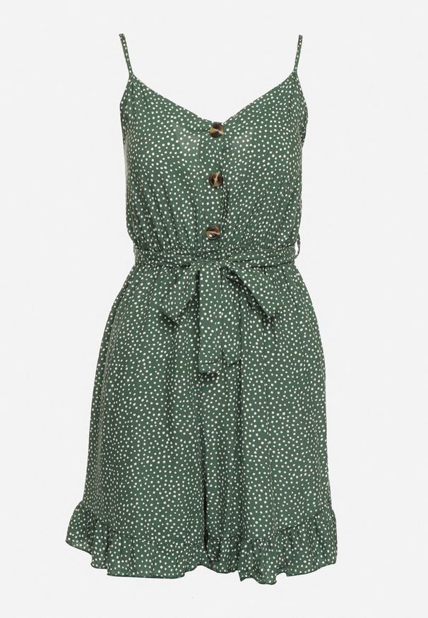 Born2be - Ciemnozielony Bawełniany Kombinezon z Regulowanymi Ramiączkami i Gumką w Pasie z Paskiem Bellasun. Okazja: na co dzień. Kolor: zielony. Materiał: bawełna. Długość rękawa: na ramiączkach. Długość: do kostek. Styl: elegancki, casual