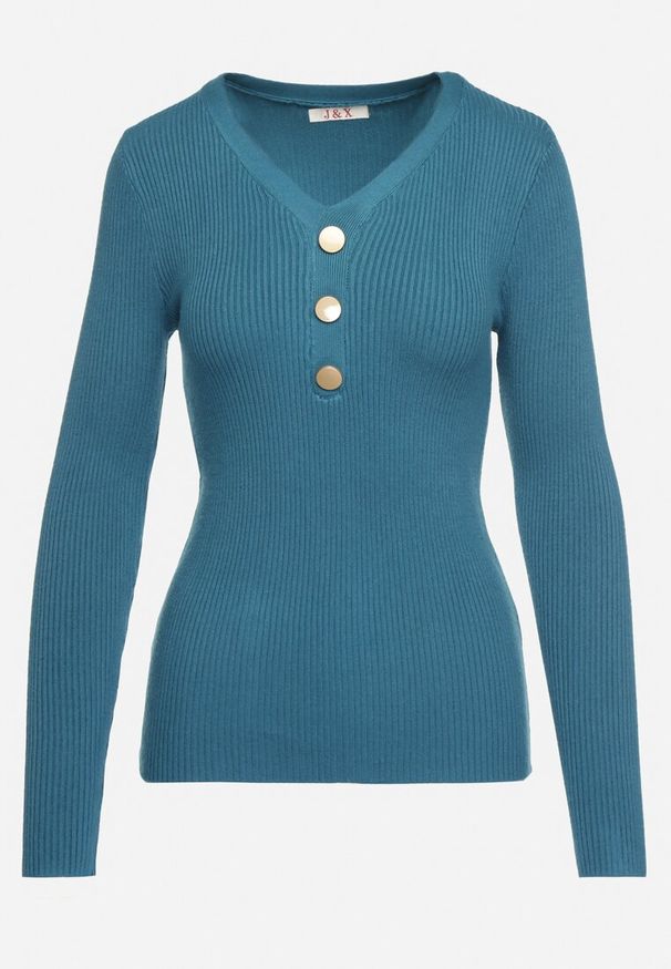 Born2be - Niebieski Sweter z Bawełną z Prążkowanego Materiału Ozdobiony Guzikami Zinfera. Okazja: na co dzień. Typ kołnierza: dekolt w serek. Kolor: niebieski. Materiał: materiał, prążkowany, bawełna. Wzór: aplikacja. Styl: casual, klasyczny