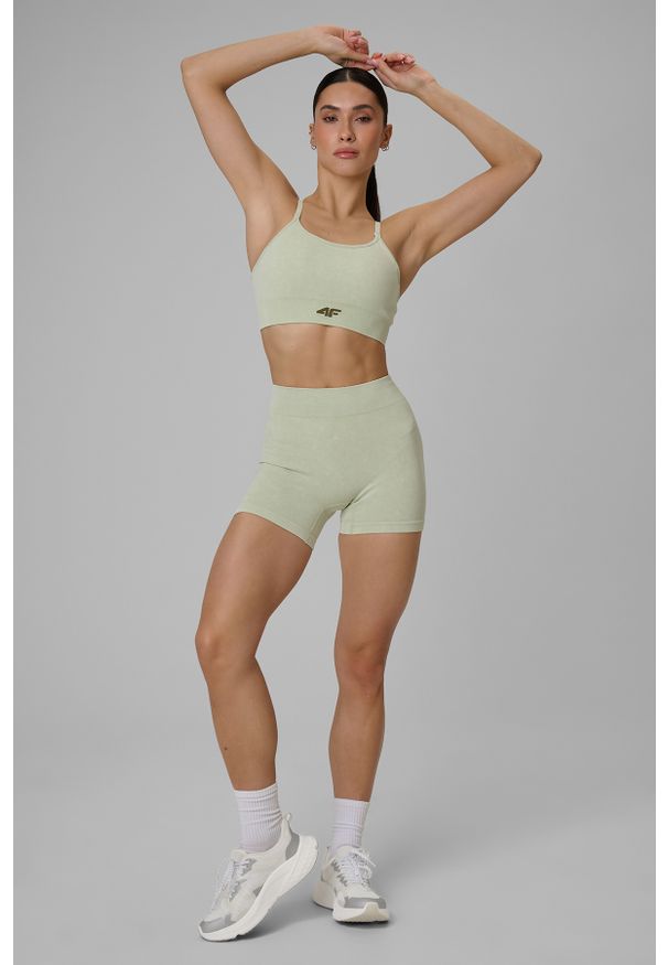 4f - 4F Legginsy krótkie treningowe bezszwowe damskie - zielone XS/S. Stan: podwyższony. Kolor: zielony. Materiał: skóra. Długość: krótkie. Sport: fitness