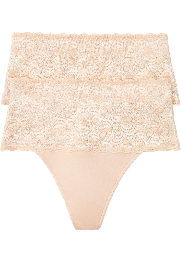 bonprix - Stringi o średnim stopniu modelowania sylwetki (2 pary). Kolor: beżowy. Materiał: koronka. Wzór: koronka