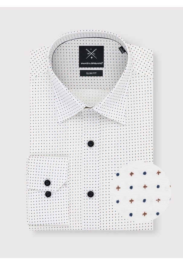 Pako Lorente - PAKO LORENTE – Biała koszula w granatowo-beżowy mikrowzór. Kolor: wielokolorowy, niebieski, biały, beżowy. Materiał: bawełna, elastan