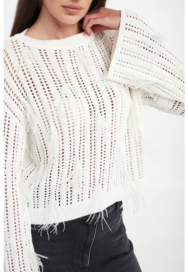 Twinset Milano - Sweter damski ażurowy z piórkami TWINSET. Wzór: ażurowy