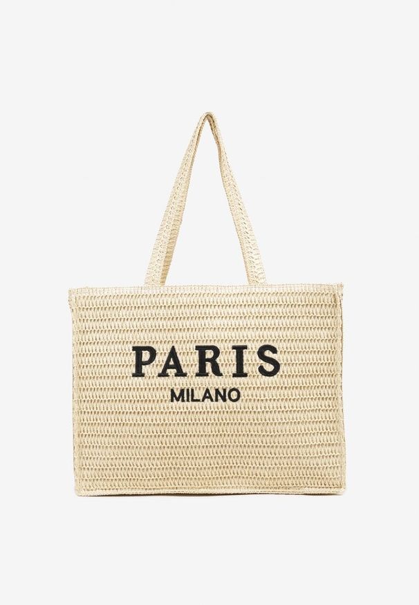 Born2be - Beżowa Torebka Shopper z Plecionką i Ozdobnym Napisem Nilaura. Kolor: beżowy. Wzór: napisy. Styl: biznesowy, elegancki, casual