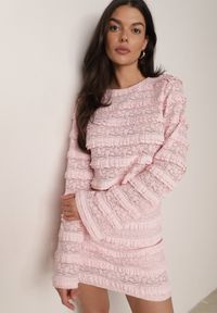 Born2be - Różowy Koronkowy Komplet Bluzka z Długim Rękawem i Spódnico-Spodenki Lupeiros. Kolor: różowy. Materiał: koronka #6