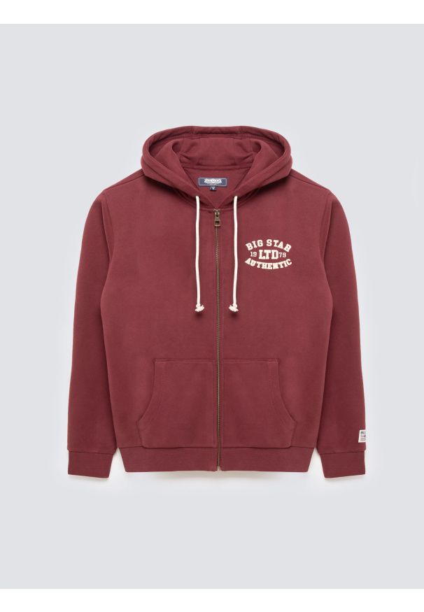 Big-Star - Bluza męska rozpinana z kapturem z kolekcji Authentic bordowa Karol 604. Typ kołnierza: kaptur. Kolor: czerwony. Materiał: dzianina. Wzór: aplikacja