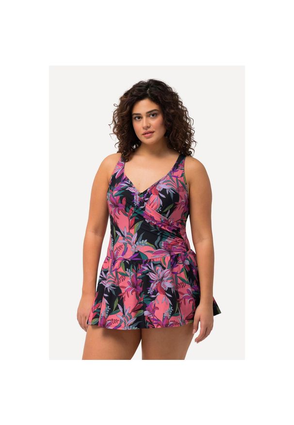 ULLA POPKEN - Damska Sukienka Kąpielowa liście miękkie miseczki. Kolekcja: plus size. Kolor: czarny. Materiał: elastan, poliamid, materiał