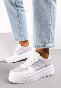 Renee - Biało-Fioletowe Sneakersy na Niskiej Platrofmie z Brokatowymi Wstawkami Enollas. Kolor: fioletowy. Wzór: aplikacja #1