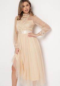 Born2be - Beżowa Rozkloszowana Sukienka Maxi z Siateczki Ozdobiona Koronką Vireln. Kolor: beżowy. Materiał: koronka. Wzór: aplikacja, koronka. Długość: maxi #3