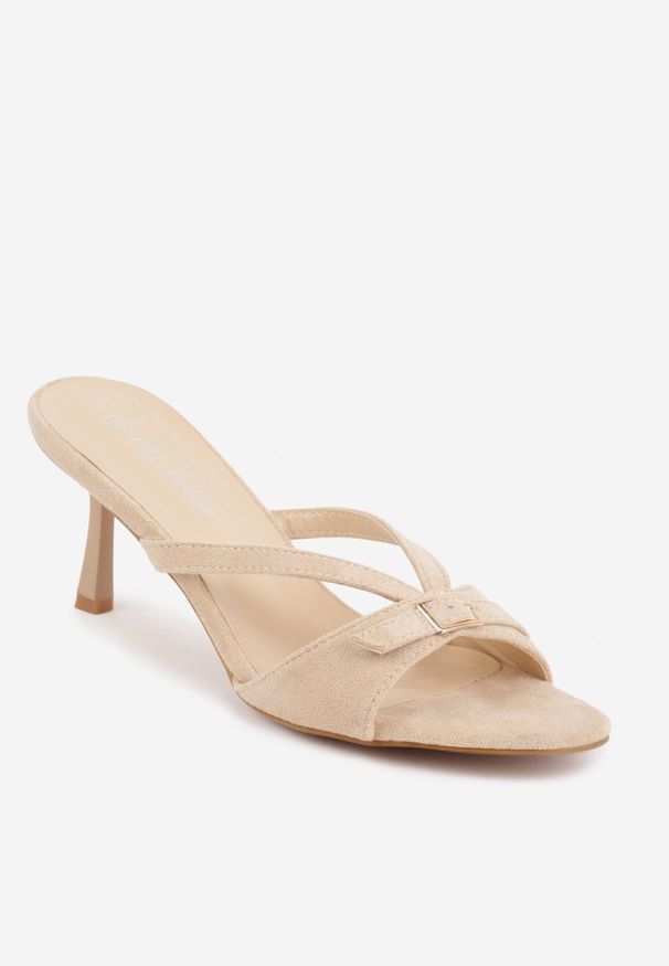 Born2be - Beżowe Eleganckie Klapki na Szpilce z Ozdobnymi Paskami i Sprzączką Malirodia. Okazja: na wesele, na ślub cywilny. Kolor: beżowy. Materiał: satyna. Wzór: paski. Obcas: na szpilce. Styl: elegancki