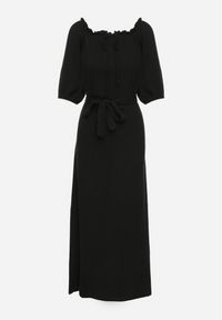 Born2be - Czarna Trapezowa Muślinowa Sukienka z Bawełny z Paskiem i Gumką w Talii Vimarinn. Okazja: na co dzień. Typ kołnierza: dekolt hiszpanka. Kolor: czarny. Materiał: bawełna. Typ sukienki: trapezowe. Styl: casual #4