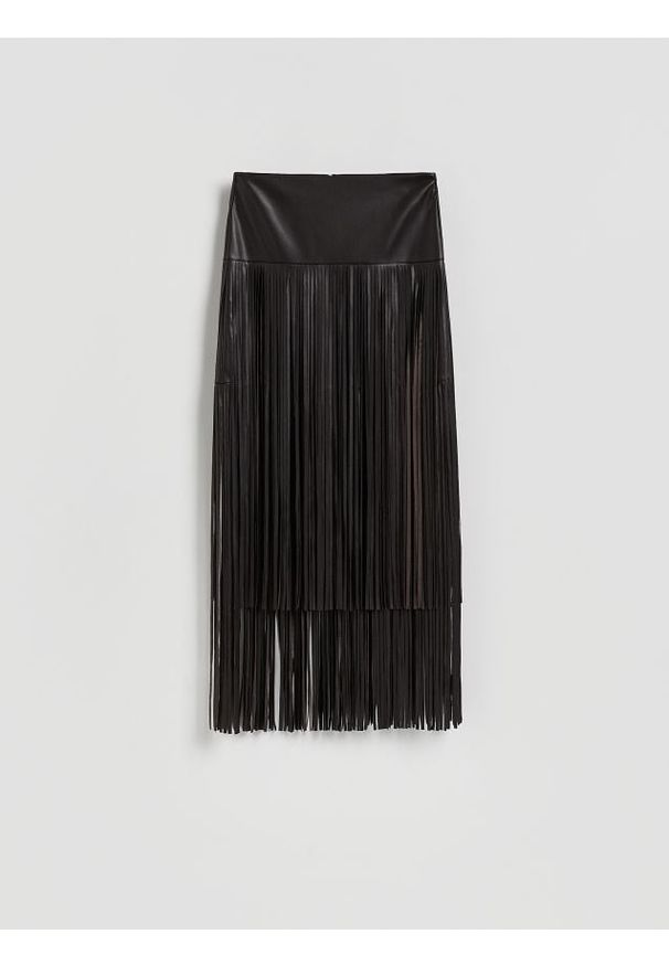 Reserved - Spódnica z frędzlami - ciemnobrązowy. Kolor: brązowy. Materiał: skóra