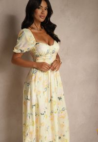 Renee - Żółta Sukienka z Bufiastymi Rękawami w Kwiaty Zerana. Okazja: na imprezę, na randkę. Kolor: żółty. Wzór: kwiaty. Sezon: lato. Styl: elegancki #5