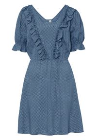Sukienka z falbanami bonprix niebieski dżins - szary w groszki. Kolor: niebieski. Wzór: grochy #1